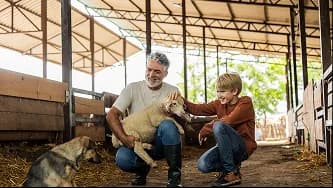 Two volunteers kneeling beside dogs in a shelter barn