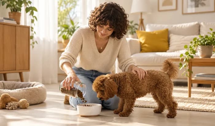 Pet sitter feeding a puppy during a drop-in visit
