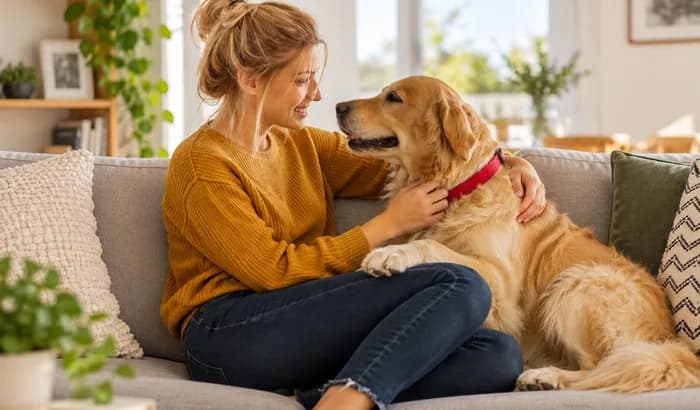 Pet sitter with a golden retriever on a couch at home