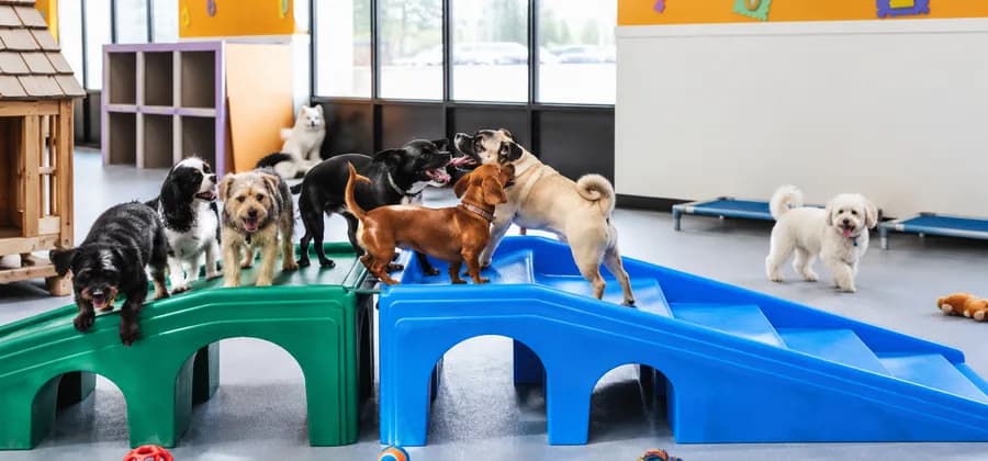 Dogs playing on ramps at the Riverside Boarding & Wellness daycare yard