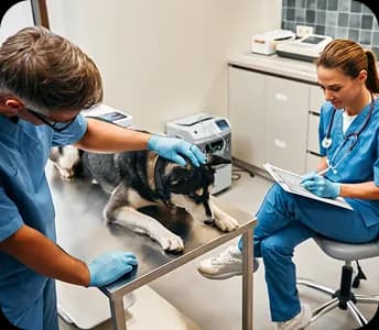 Two veterinarians examining a husky on an exam table