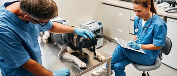 Two veterinarians examining a husky on an exam table