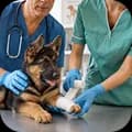 Two vets bandaging a German Shepherd puppy's paw