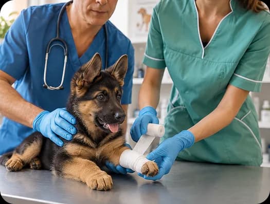 Two vets bandaging a German Shepherd puppy's paw