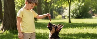 A boy offering a treat to a sitting German Shepherd puppy in a park
