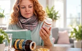A woman reading the label on a bottle of fish oil capsules