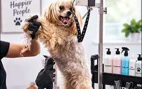 A fluffy dog being groomed on a table beside shampoo bottles