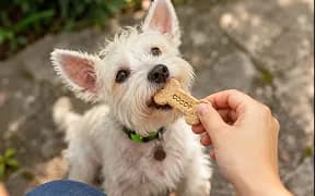 A West Highland terrier taking a biscuit from a hand