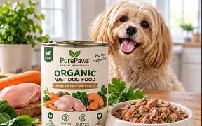 A can of organic wet dog food with fresh ingredients and a dog behind it
