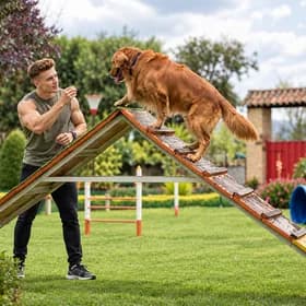 David Chen training a dog over agility equipment outdoors