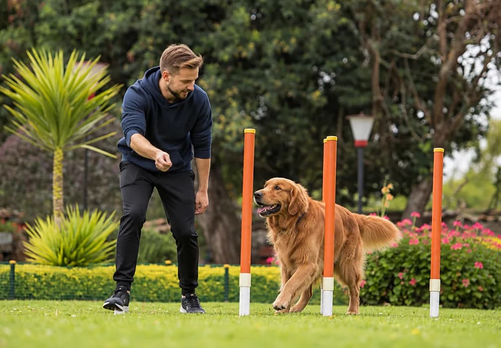 Jessica Martinez training a golden retriever with agility poles