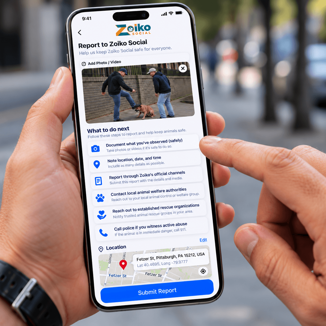 Hands holding a phone reviewing a report form
