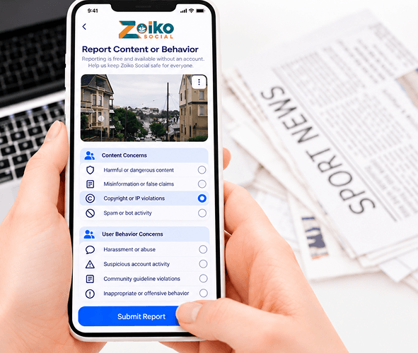 A user reporting content or behavior on the Zoiko Social mobile app