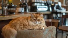 A long-haired ginger cat resting in a cafe