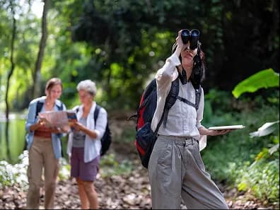 Three people with binoculars on a woodland path