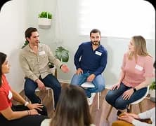 A support group talking together in a circle of chairs